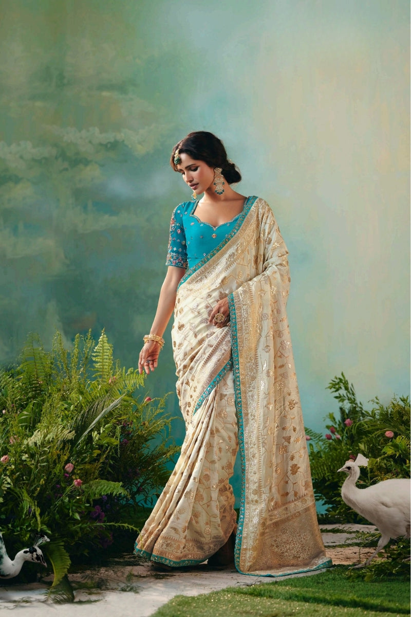 Pure Dola Silk Saree with Zari Weaving and Embroidered Blouse