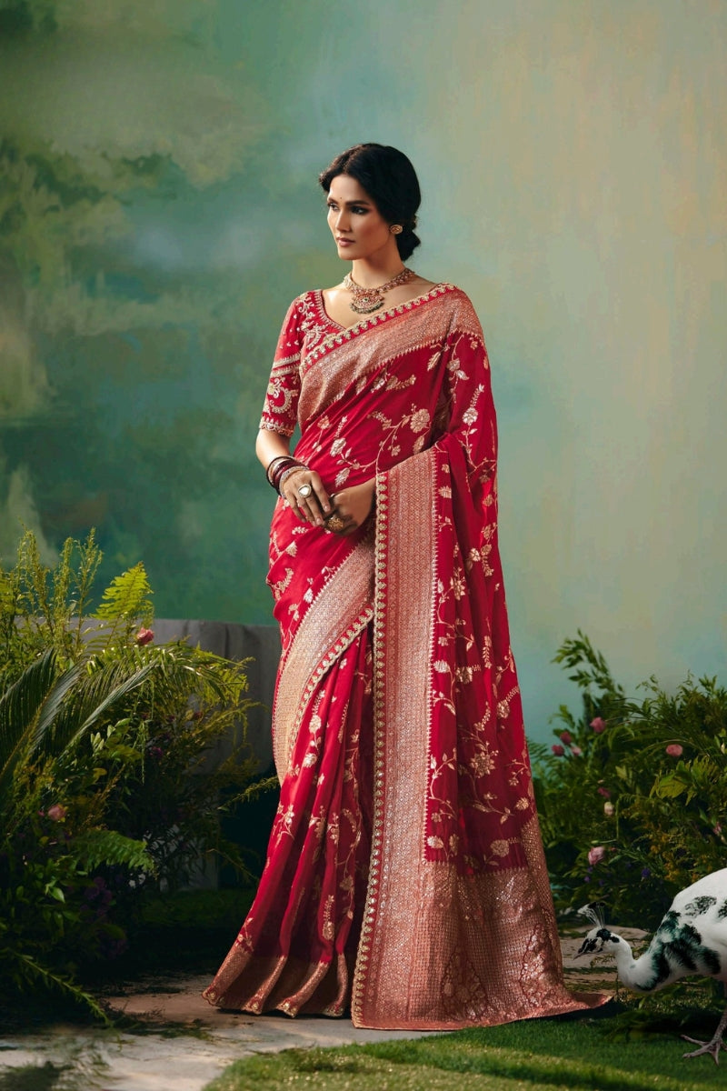 Pure Dola Silk Saree with Zari Weaving and Embroidered Blouse