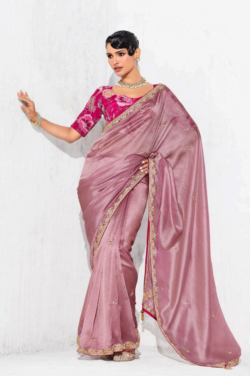 Pure Fancy Tissue Saree with Designer Contrast Handwork Blouse