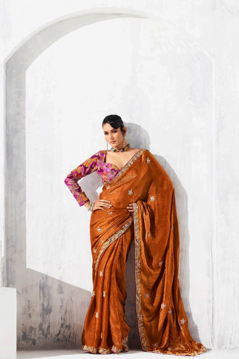 Pure Fancy Tissue Saree with Designer Contrast Handwork Blouse