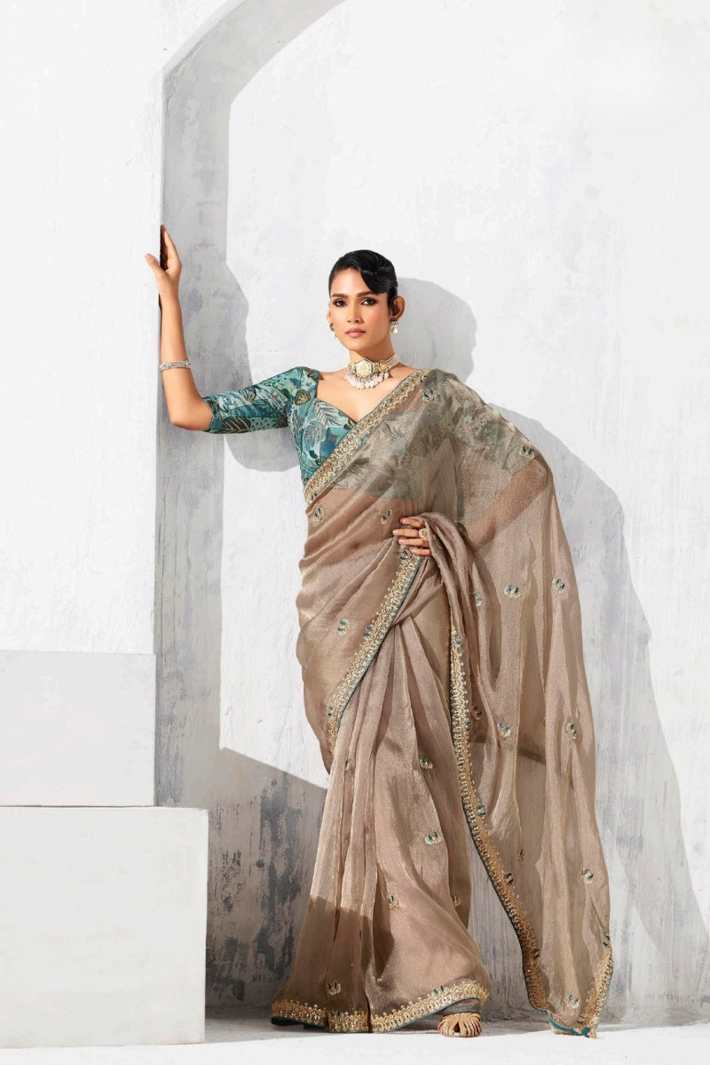 Pure Fancy Tissue Saree with Designer Contrast Handwork Blouse