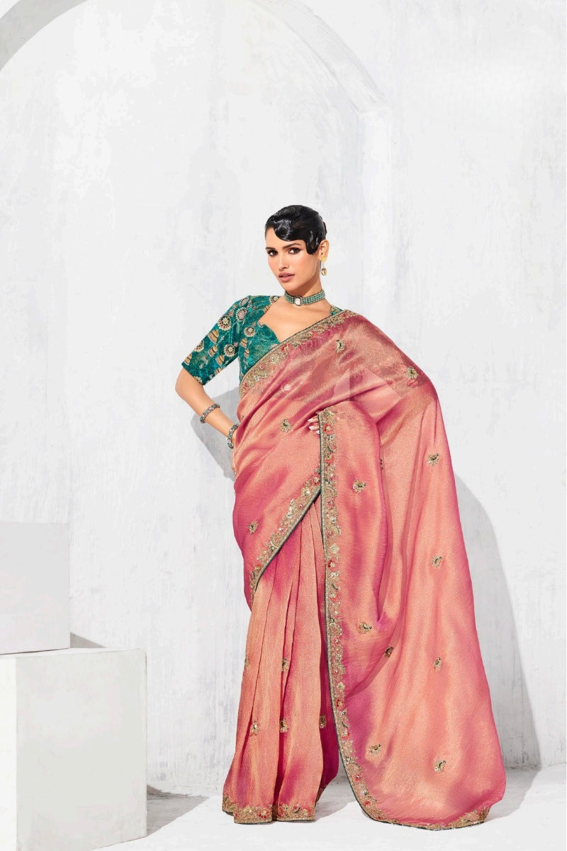 Pure Fancy Tissue Saree with Designer Contrast Handwork Blouse
