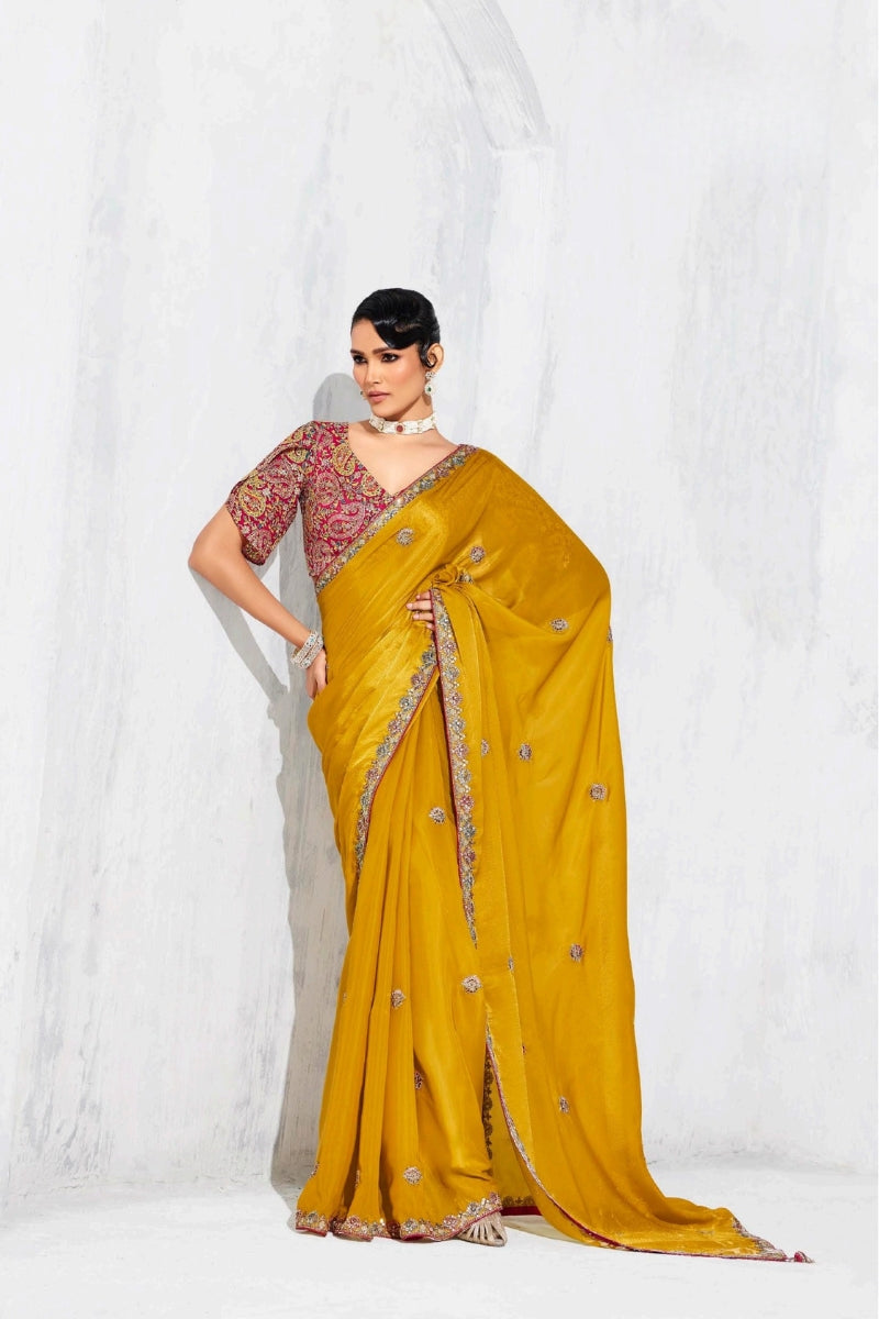 Pure Fancy Tissue Saree with Designer Contrast Handwork Blouse