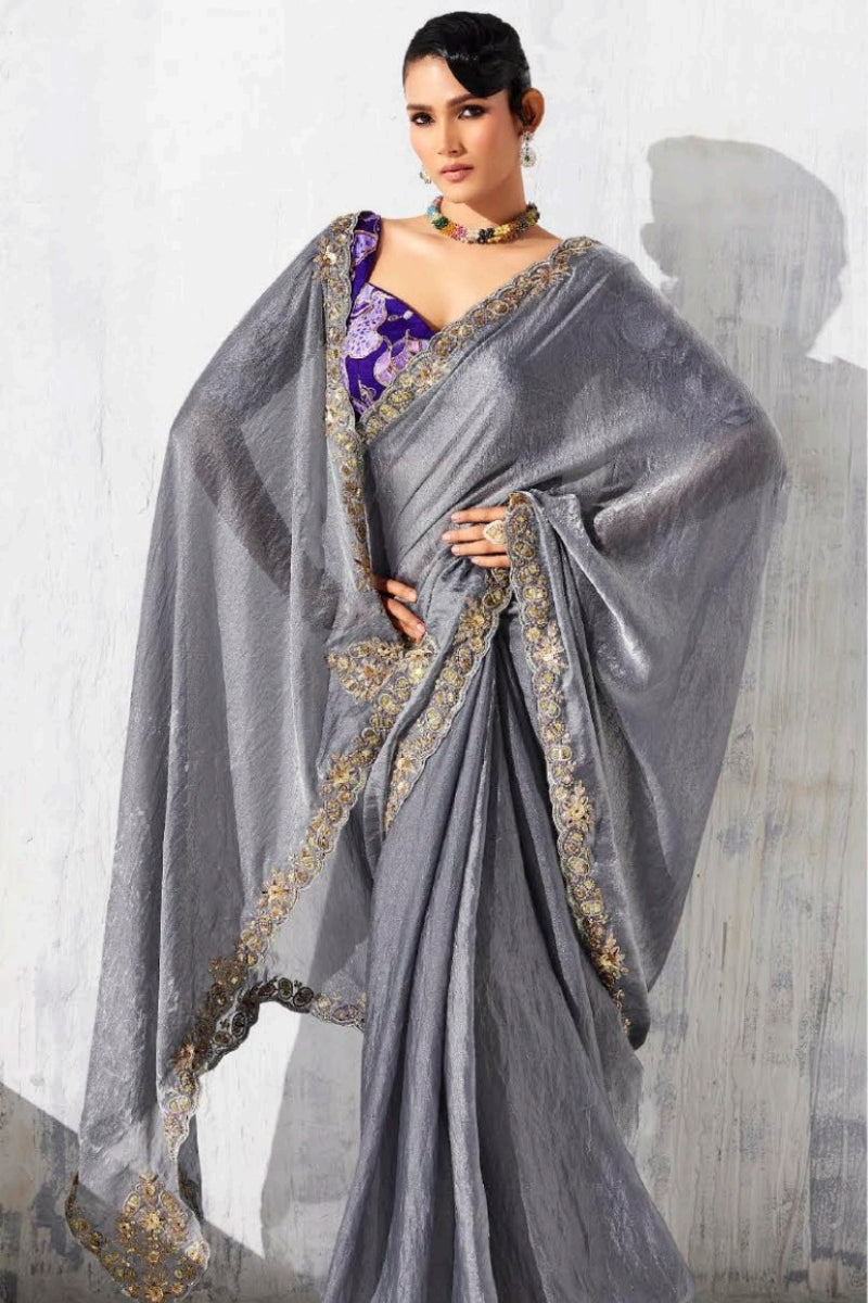 Pure Fancy Tissue Saree with Designer Contrast Handwork Blouse