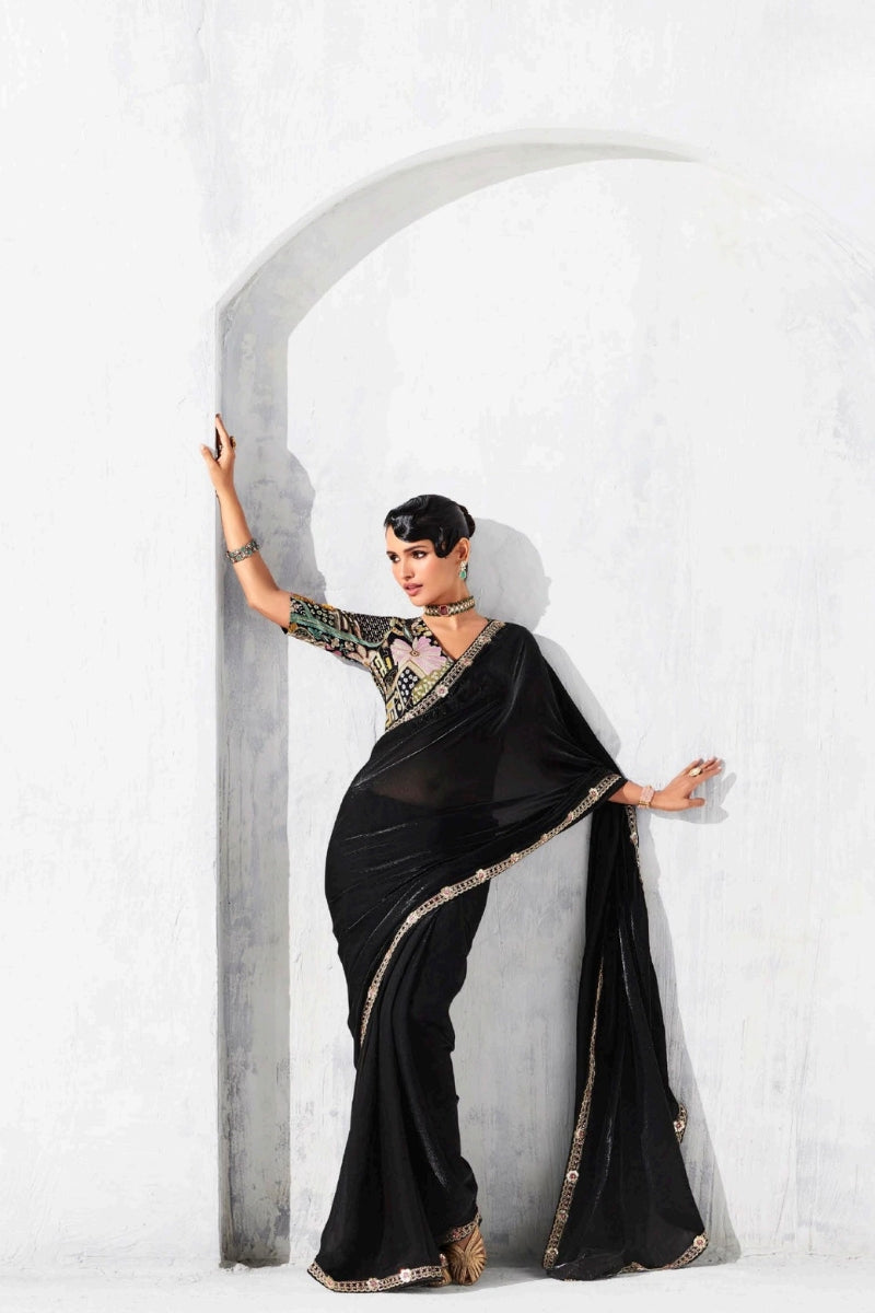Pure Fancy Tissue Saree with Designer Contrast Handwork Blouse