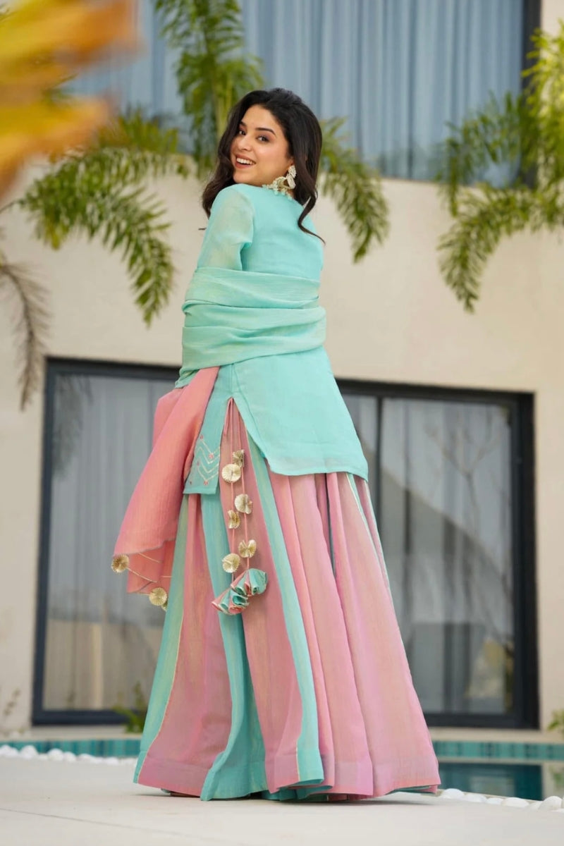 Pure Curancy Silk Lehenga Choli Dupatta Set with Embroidery