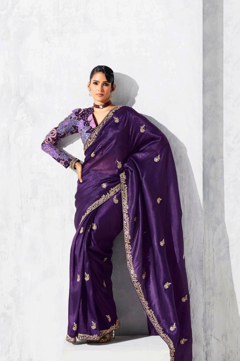 Pure Fancy Tissue Saree with Designer Contrast Handwork Blouse