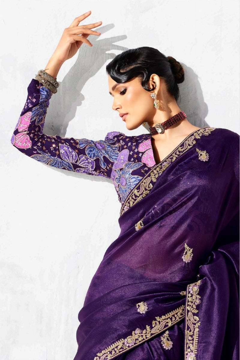 Pure Fancy Tissue Saree with Designer Contrast Handwork Blouse