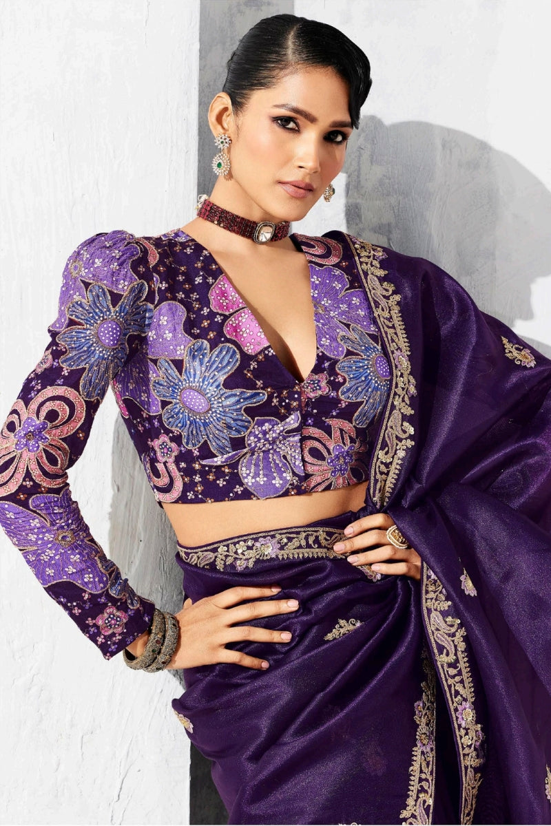 Pure Fancy Tissue Saree with Designer Contrast Handwork Blouse