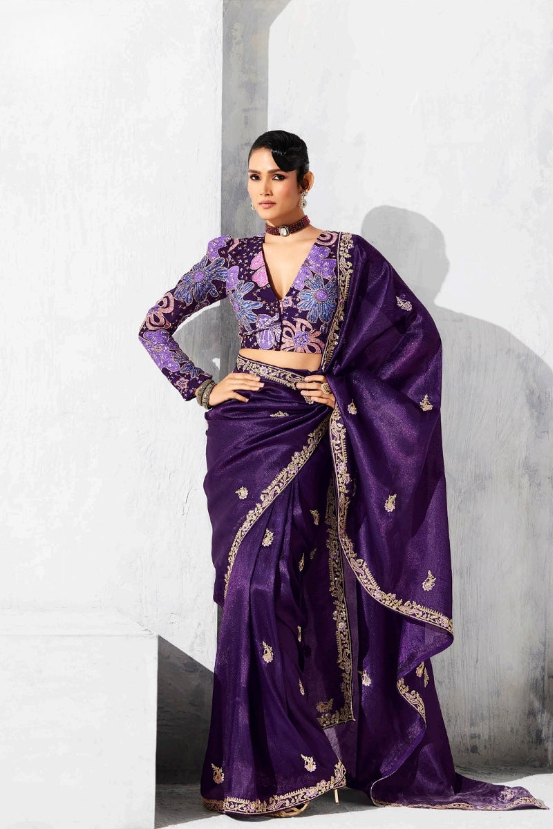 Pure Fancy Tissue Saree with Designer Contrast Handwork Blouse