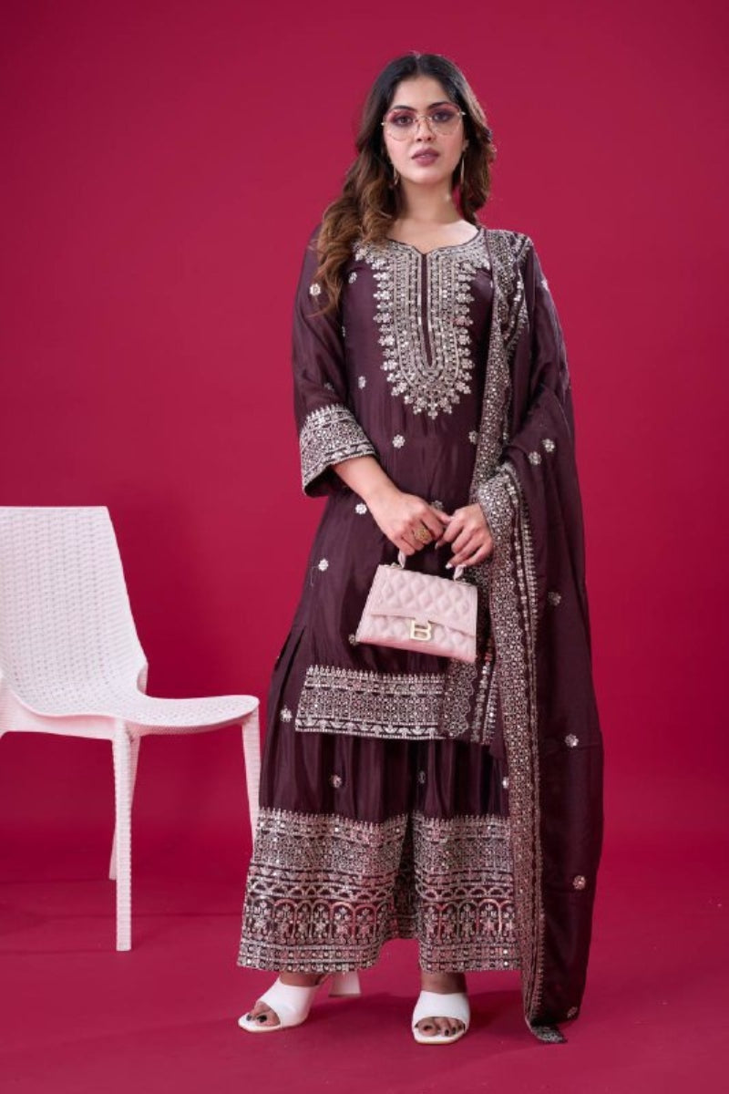 Pure Heavy Chinnon Silk Kurta Dupatta Sharara Suit Set.