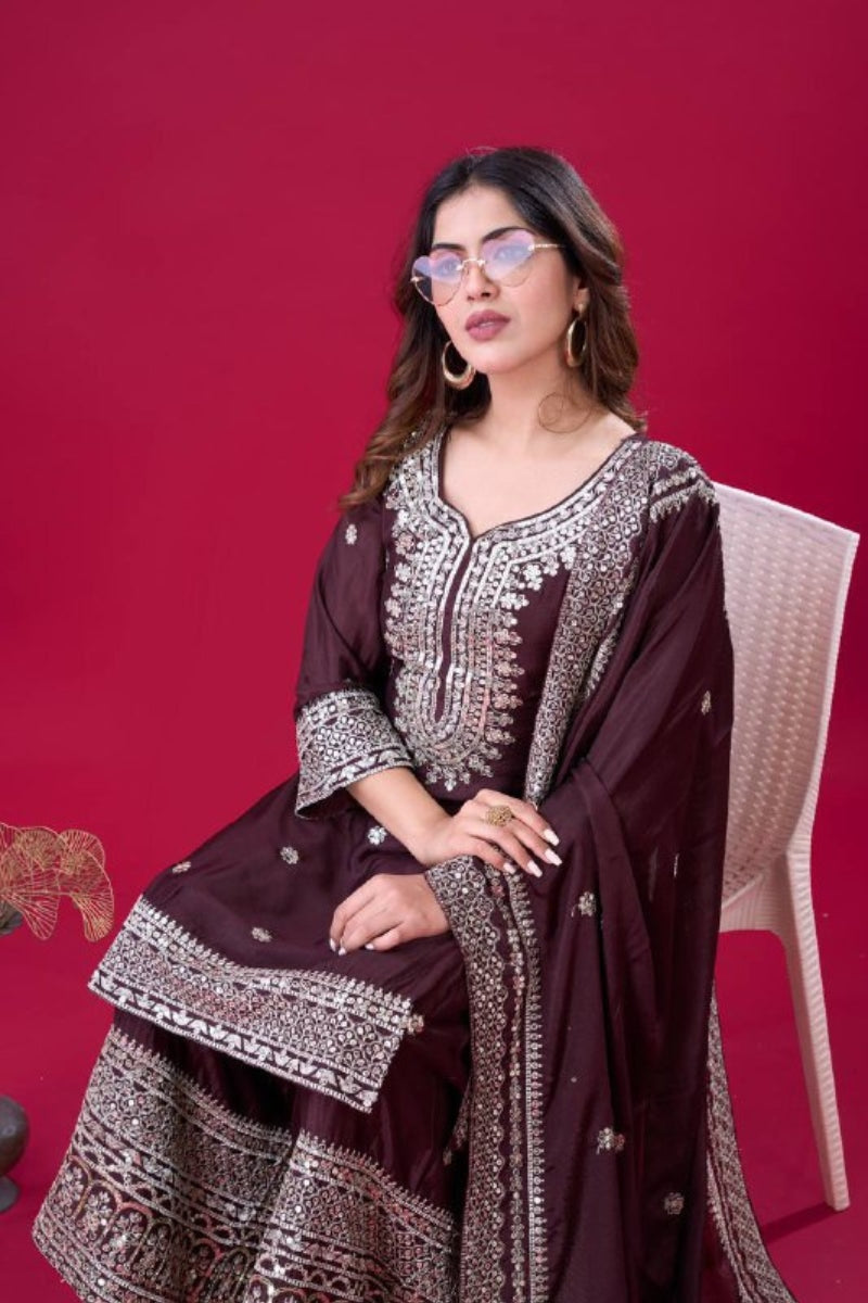 Pure Heavy Chinnon Silk Kurta Dupatta Sharara Suit Set.
