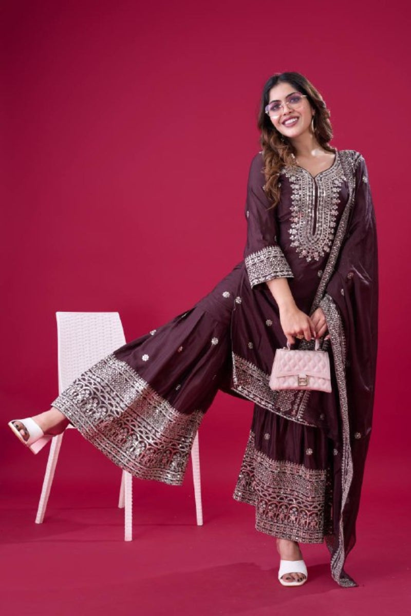 Pure Heavy Chinnon Silk Kurta Dupatta Sharara Suit Set.