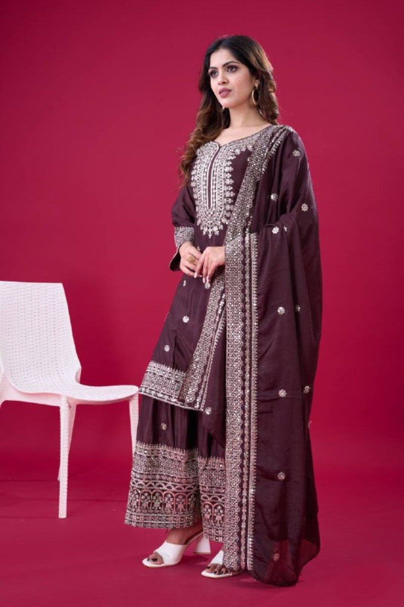 Pure Heavy Chinnon Silk Kurta Dupatta Sharara Suit Set.