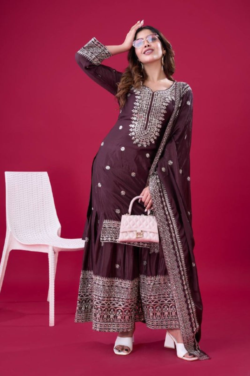 Pure Heavy Chinnon Silk Kurta Dupatta Sharara Suit Set.