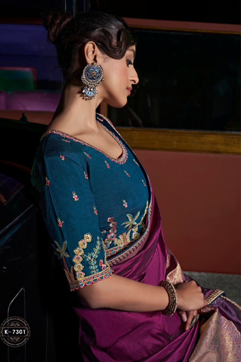 Pure Silk Saree with Woven & Lace Border With Embroidered Blouse