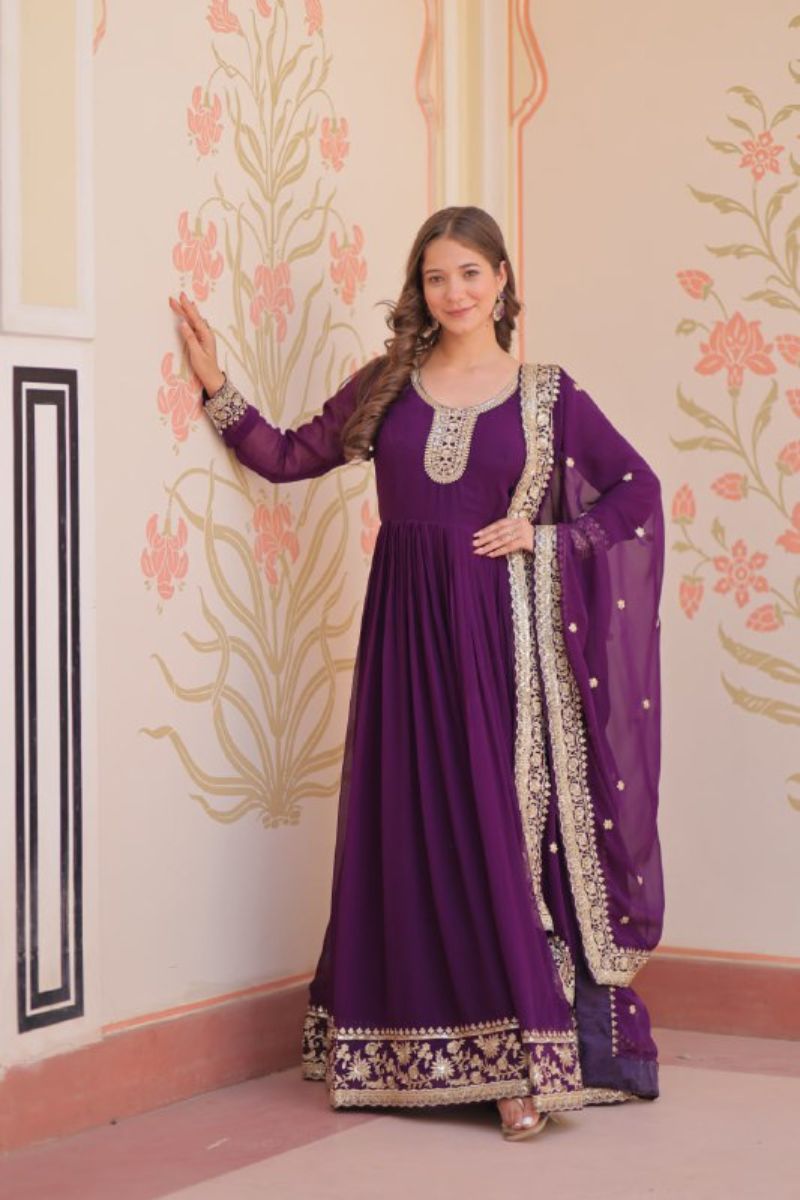 Red Embroidered Gown & Dupatta Set in Faux Blooming Georgette