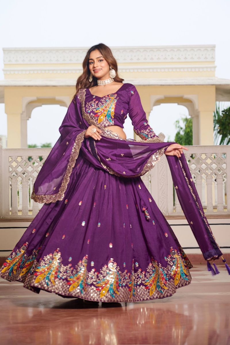 Wine Vichitra Lehenga Choli Dupatta Set with Thread Embroidery