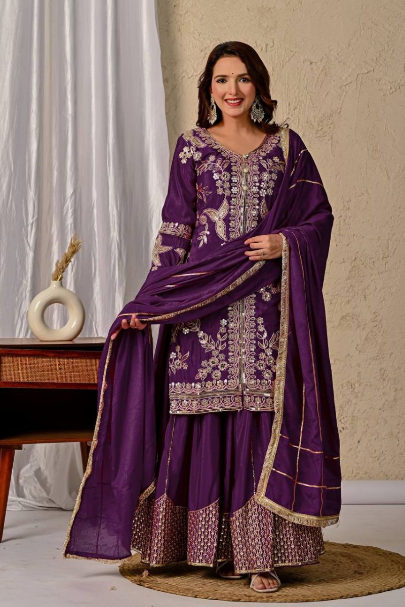 Purple Heavy Chinnon Silk Sharara Set with Sequined Embroidery