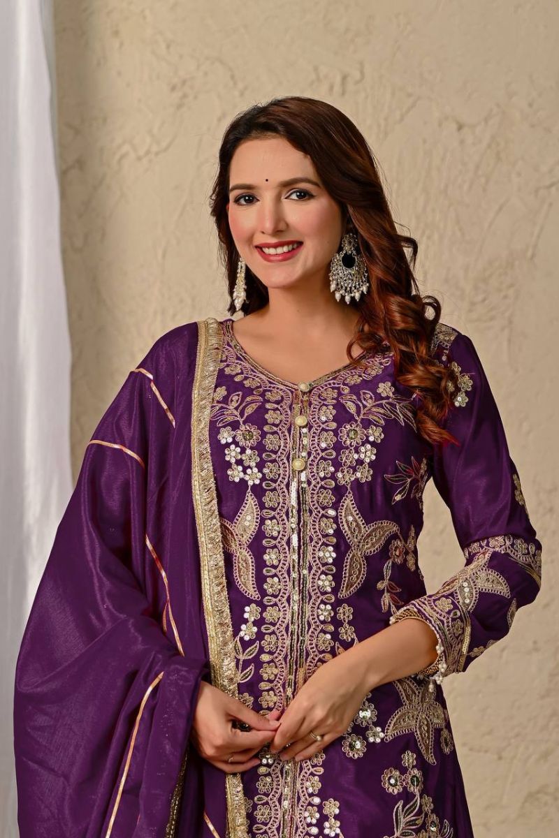 Purple Heavy Chinnon Silk Sharara Set with Sequined Embroidery