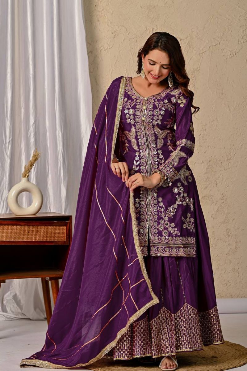 Purple Heavy Chinnon Silk Sharara Set with Sequined Embroidery