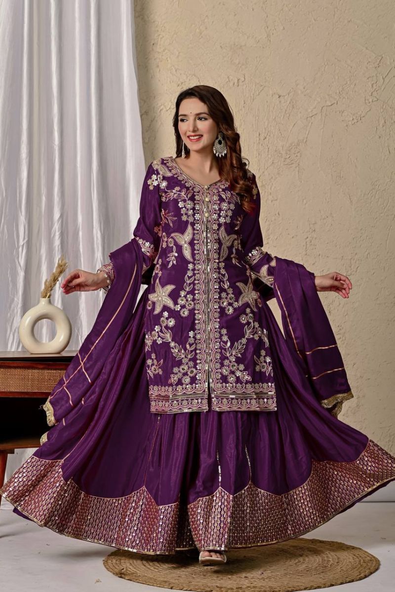 Purple Heavy Chinnon Silk Sharara Set with Sequined Embroidery