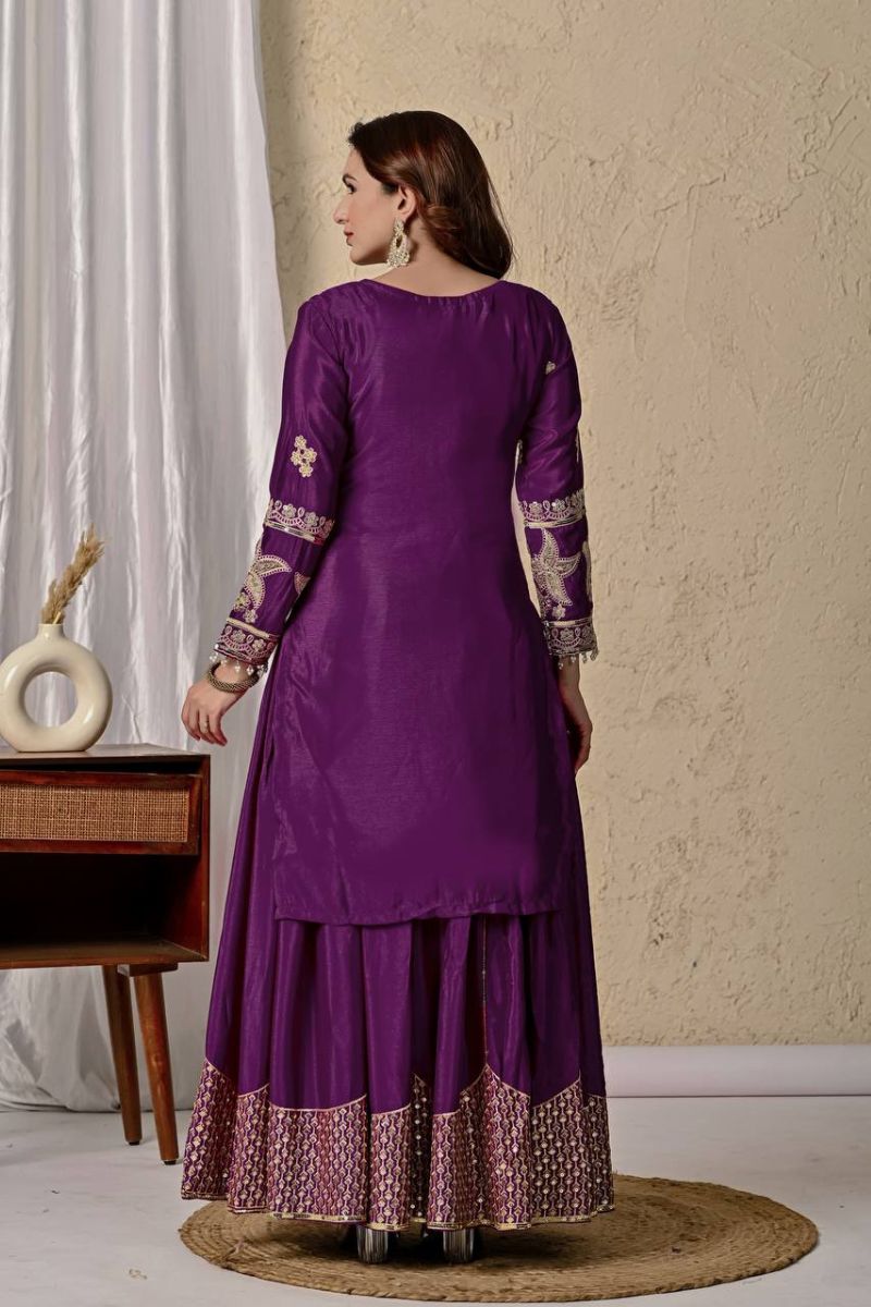 Purple Heavy Chinnon Silk Sharara Set with Sequined Embroidery