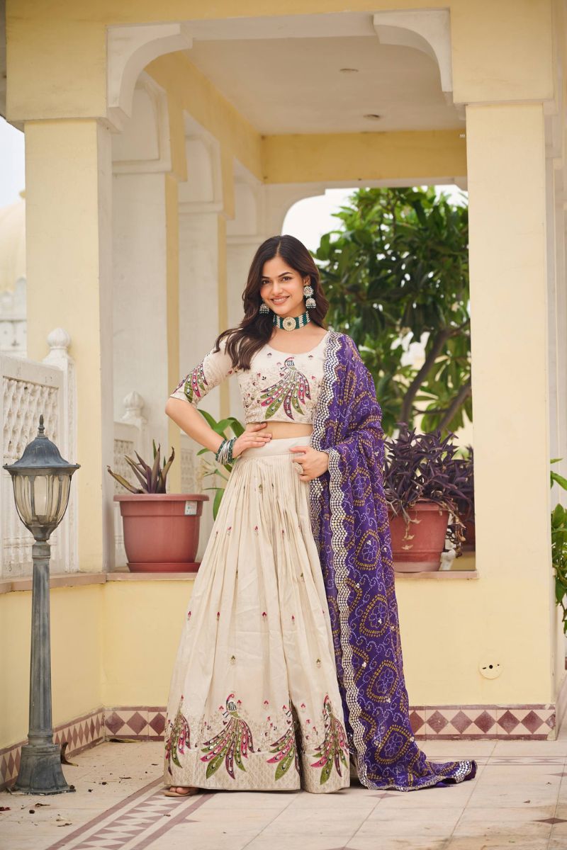 Purple Navratri Special Tissue Silk Lehenga Choli Set Bandhej Dupatta