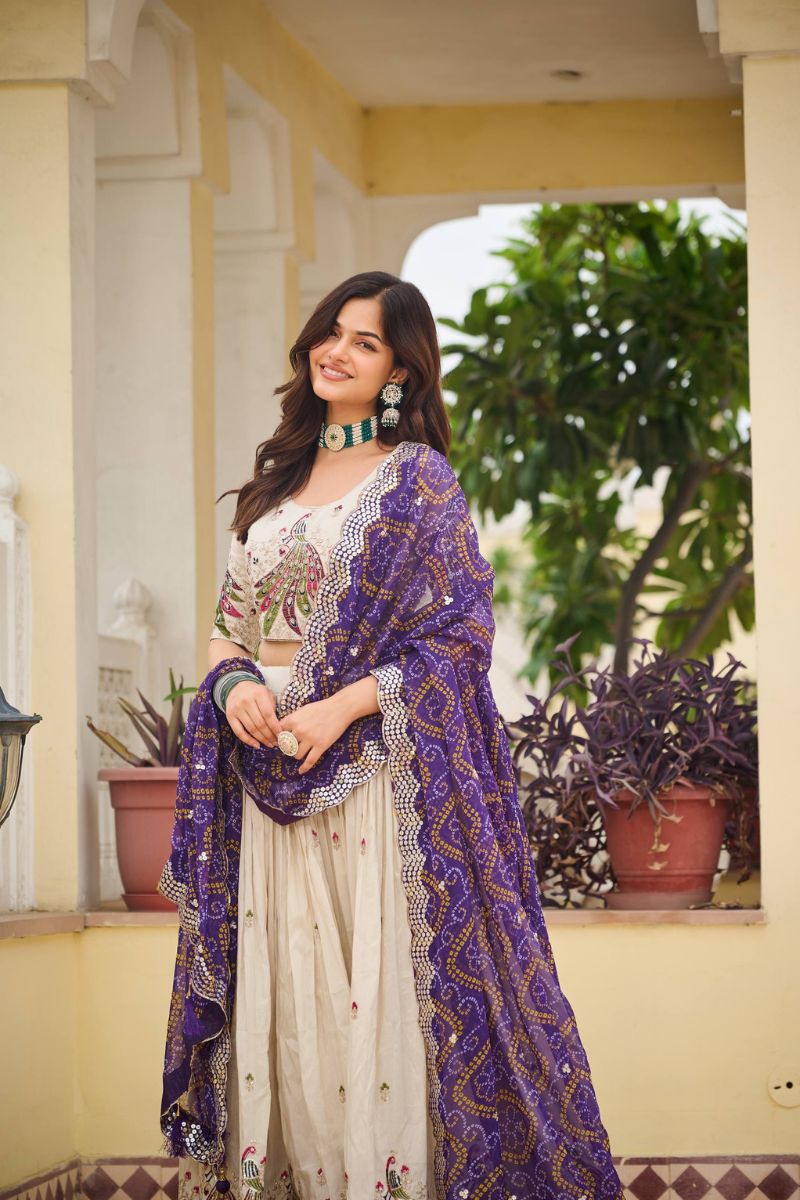Purple Navratri Special Tissue Silk Lehenga Choli Set Bandhej Dupatta