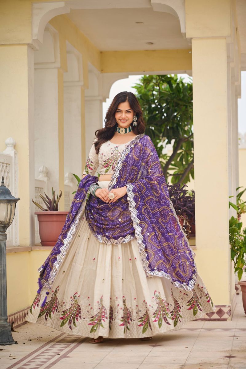 Purple Navratri Special Tissue Silk Lehenga Choli Set Bandhej Dupatta