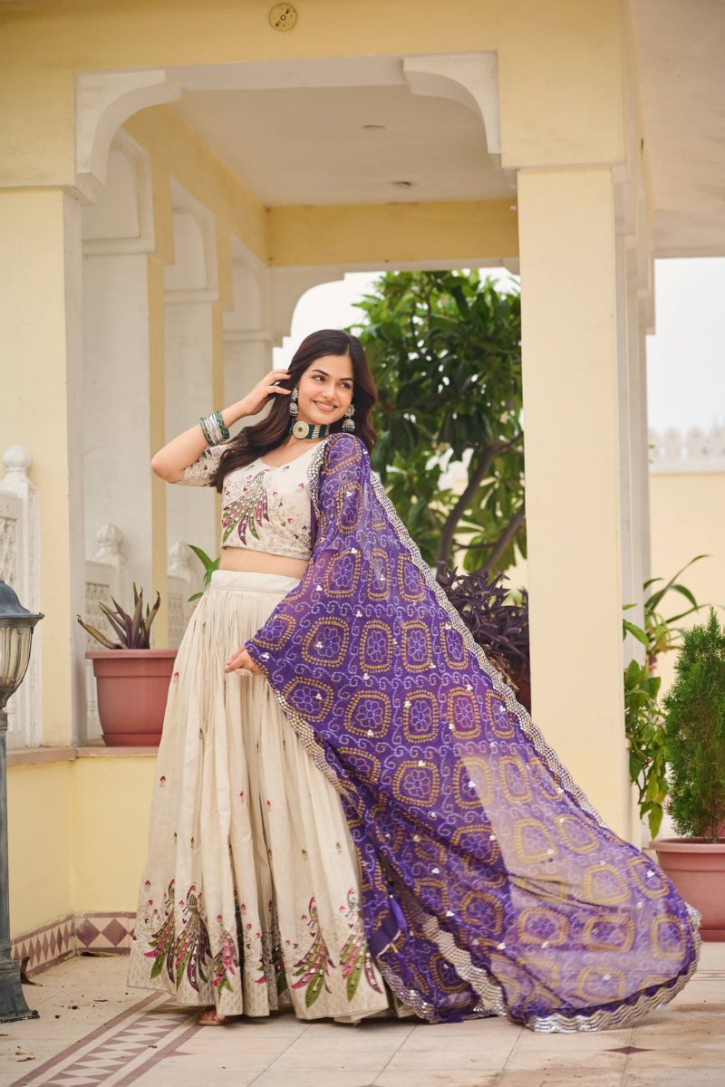 Purple Navratri Special Tissue Silk Lehenga Choli Set Bandhej Dupatta