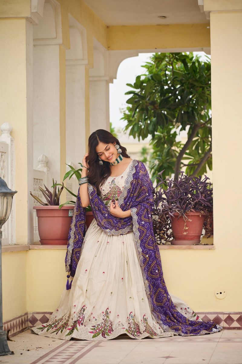 Purple Navratri Special Tissue Silk Lehenga Choli Set Bandhej Dupatta