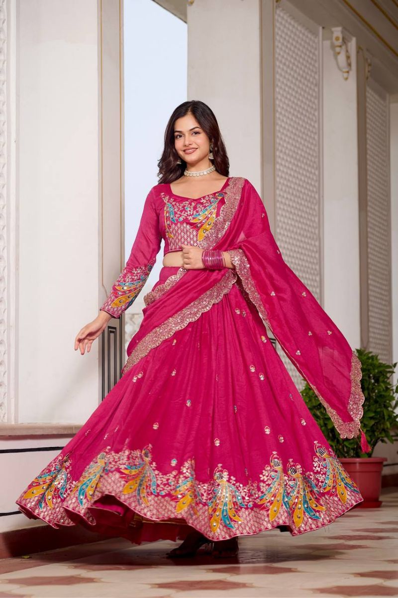 Wine Vichitra Lehenga Choli Dupatta Set with Thread Embroidery