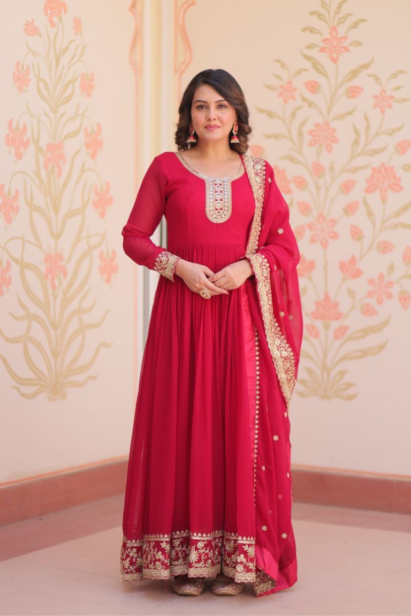 Red Embroidered Gown & Dupatta Set in Faux Blooming Georgette