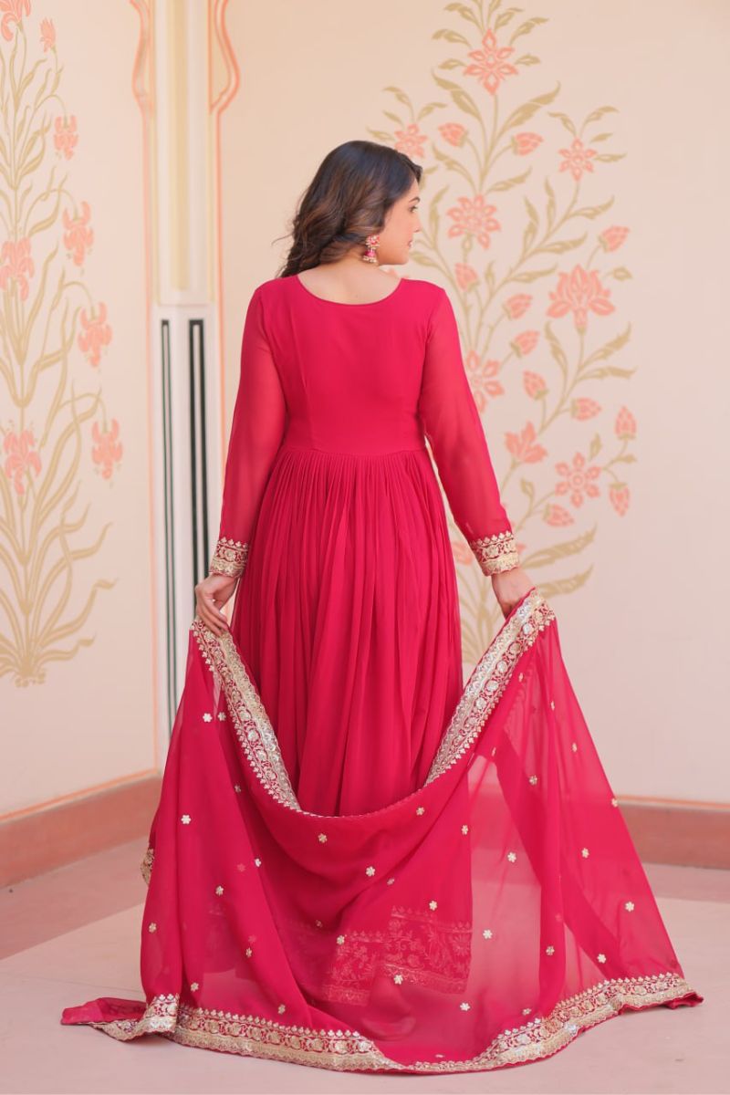 Red Embroidered Gown & Dupatta Set in Faux Blooming Georgette
