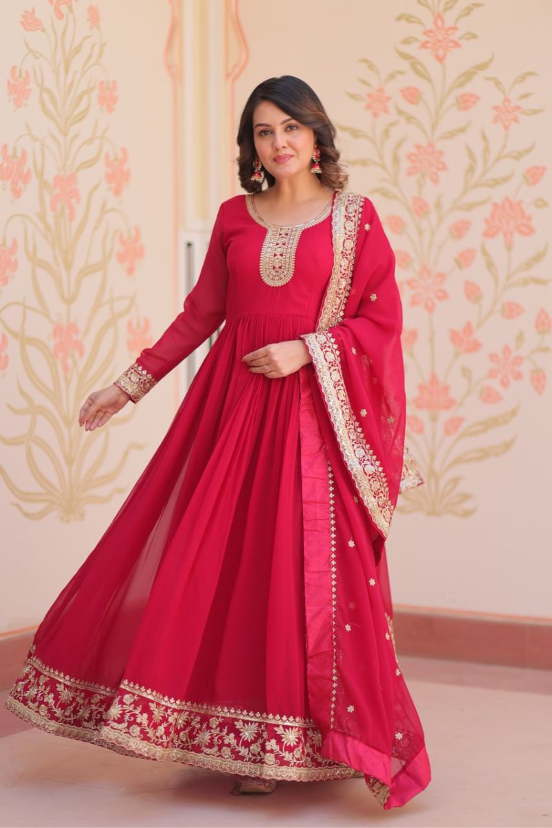 Red Embroidered Gown & Dupatta Set in Faux Blooming Georgette