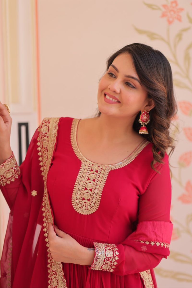Red Embroidered Gown & Dupatta Set in Faux Blooming Georgette