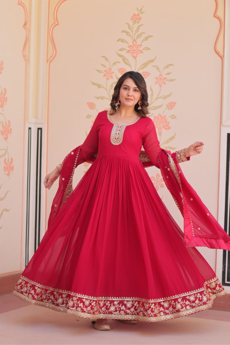 Red Embroidered Gown & Dupatta Set in Faux Blooming Georgette