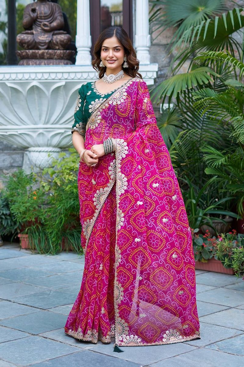 Rani Pure Bandhej Saree with Heavy Pitha & Gota Patti Work