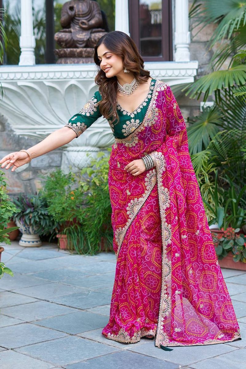 Rani Pure Bandhej Saree with Heavy Pitha & Gota Patti Work