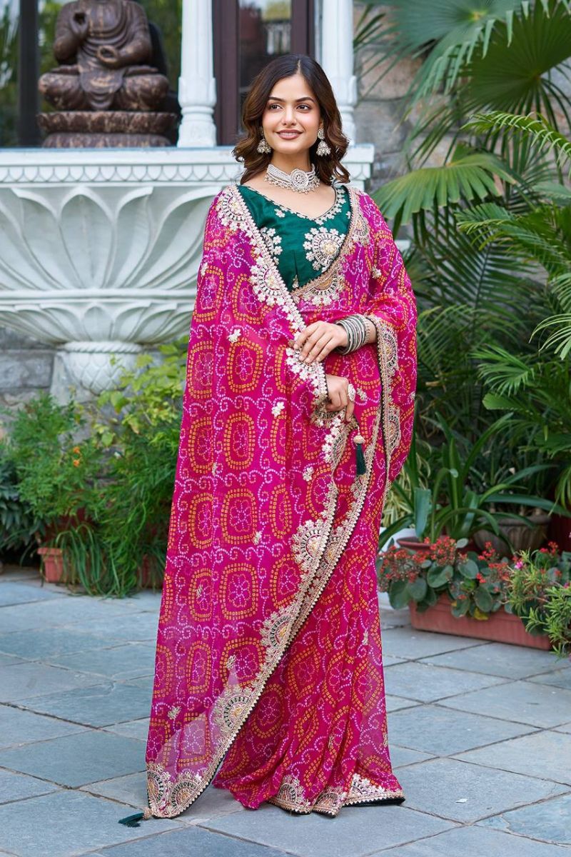 Rani Pure Bandhej Saree with Heavy Pitha & Gota Patti Work