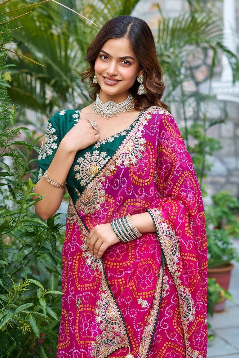 Rani Pure Bandhej Saree with Heavy Pitha & Gota Patti Work