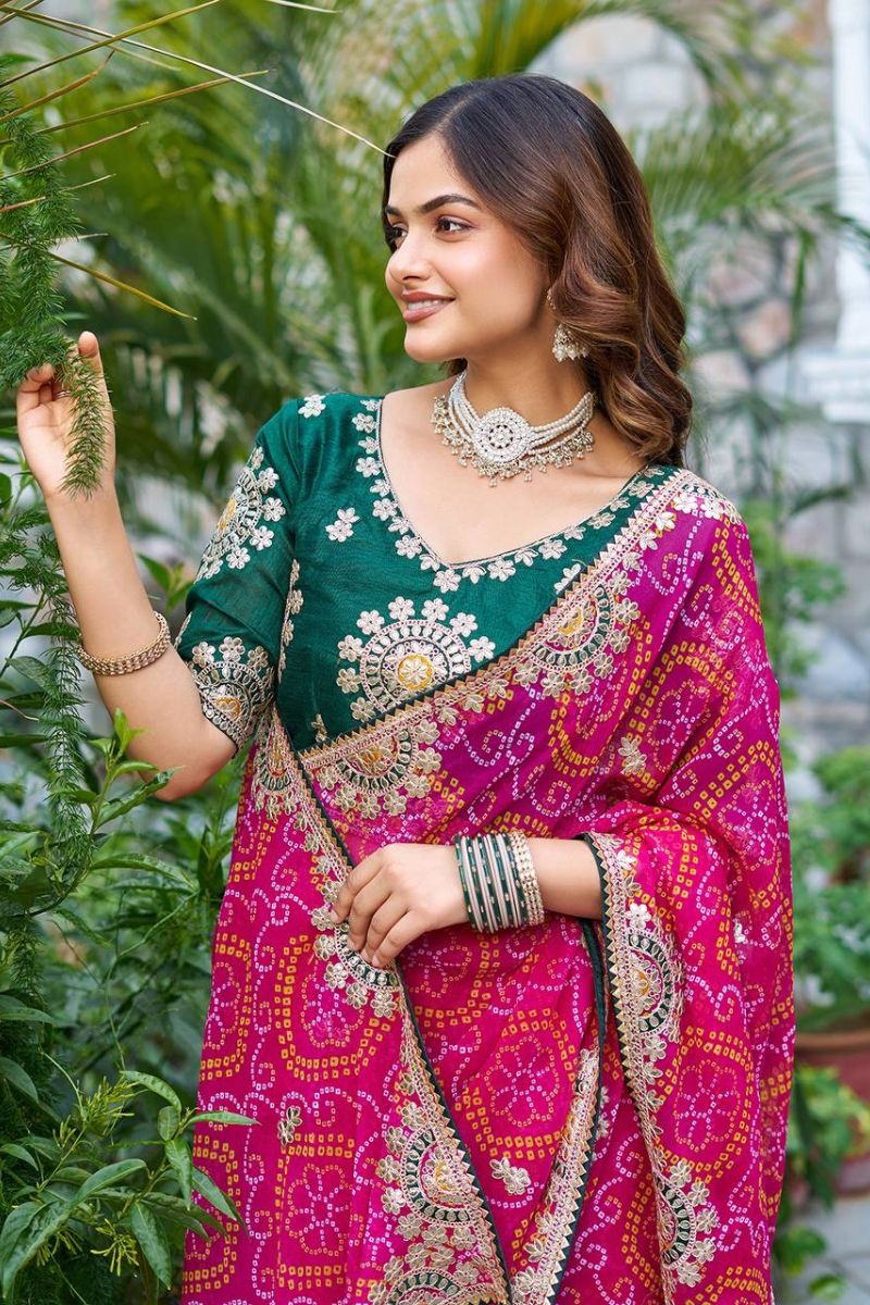 Rani Pure Bandhej Saree with Heavy Pitha & Gota Patti Work