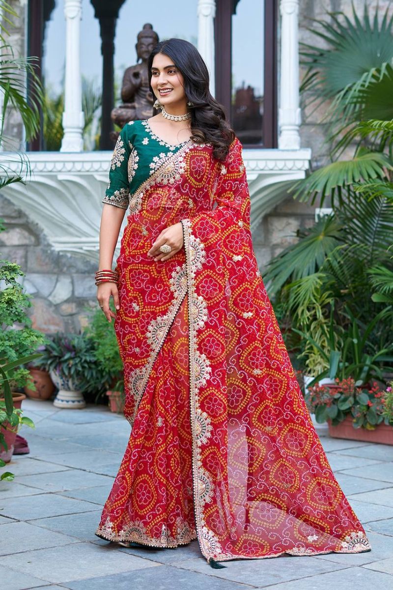 Rani Pure Bandhej Saree with Heavy Pitha & Gota Patti Work