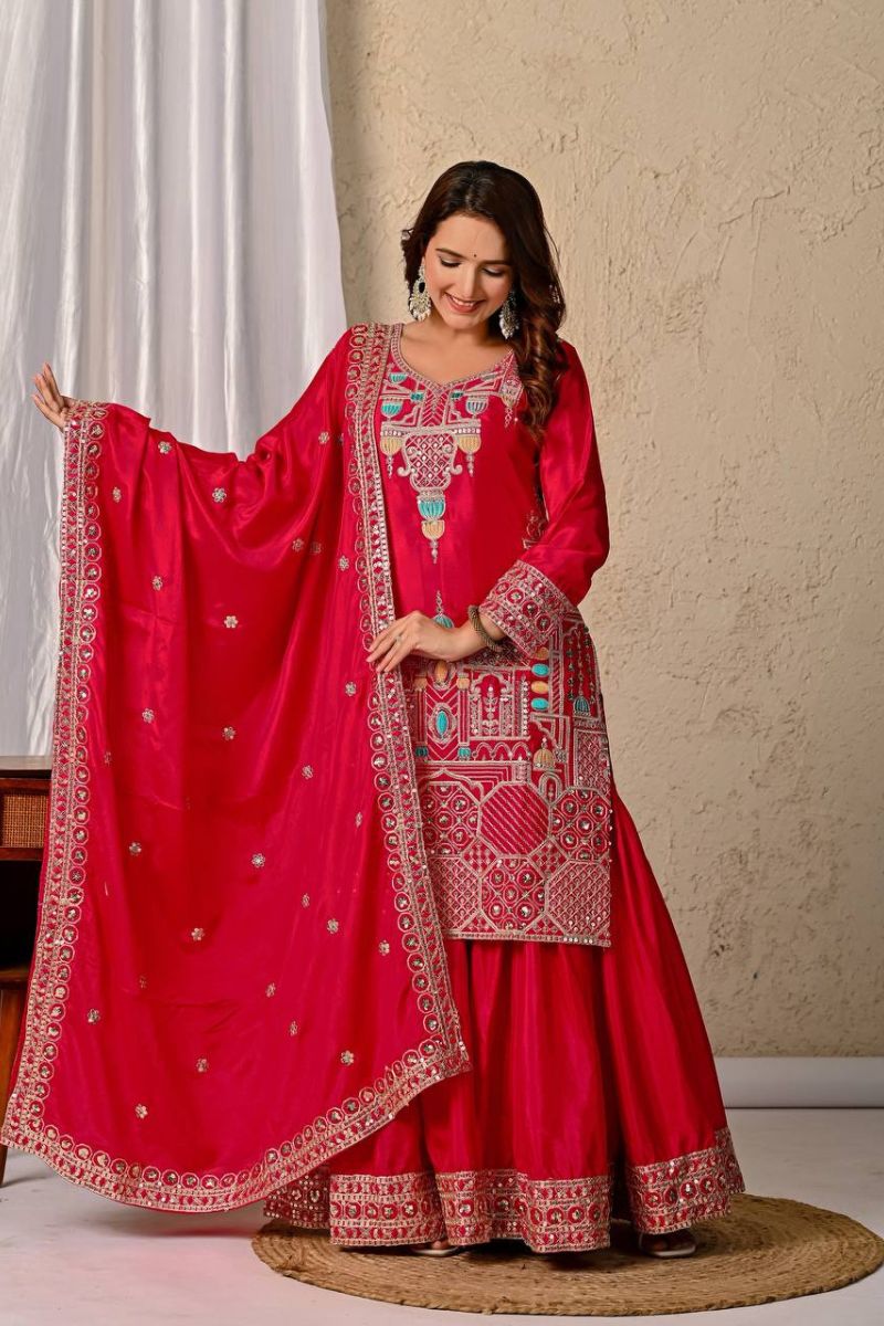 Red Chinnon Silk Sharara Palazzo Set with 5mm Sequence Embroidery
