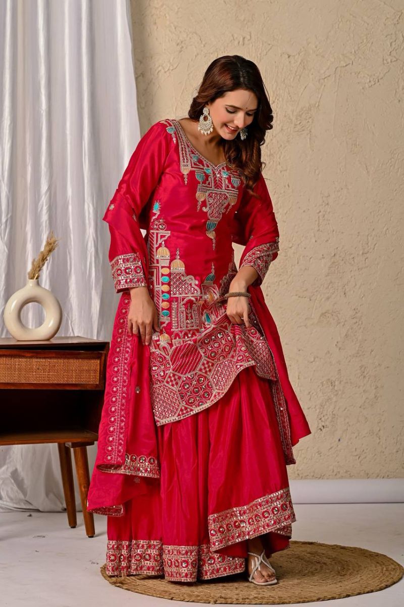 Red Chinnon Silk Sharara Palazzo Set with 5mm Sequence Embroidery