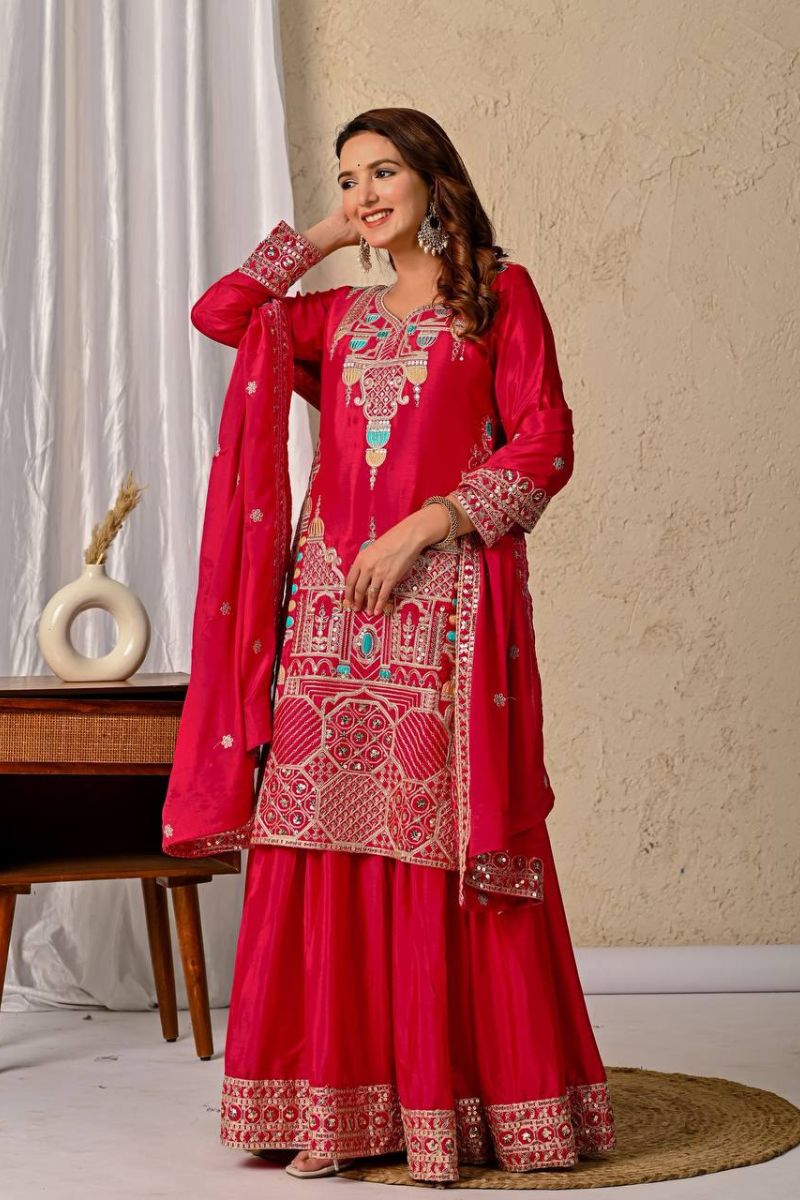 Red Chinnon Silk Sharara Palazzo Set with 5mm Sequence Embroidery