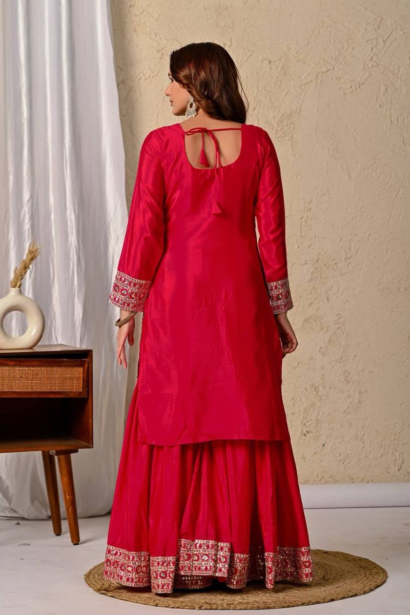 Red Chinnon Silk Sharara Palazzo Set with 5mm Sequence Embroidery
