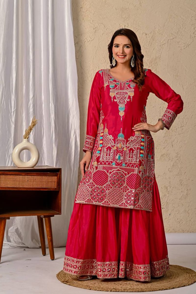 Red Chinnon Silk Sharara Palazzo Set with 5mm Sequence Embroidery