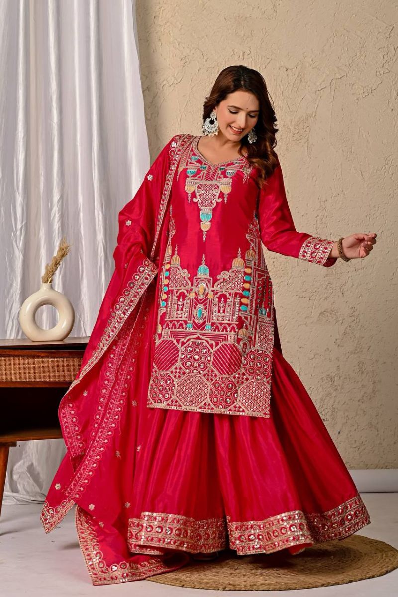 Red Chinnon Silk Sharara Palazzo Set with 5mm Sequence Embroidery